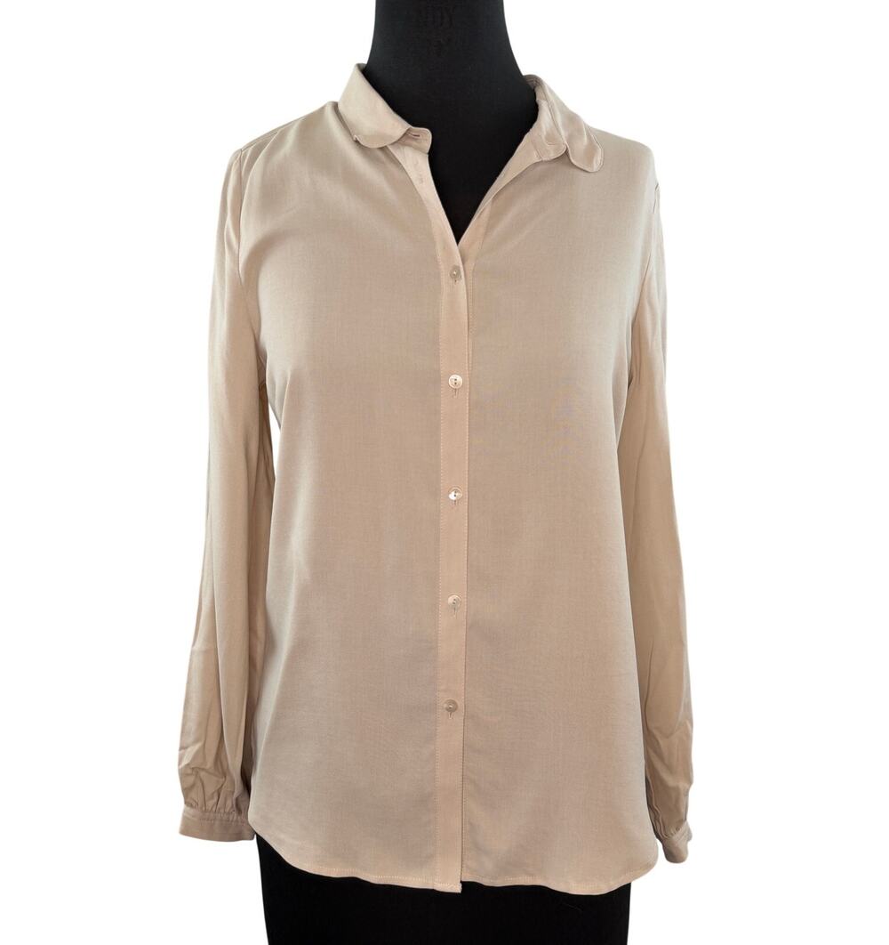 POETRY Beige Shirt Silk Collared Long Sleeve Curved Hem Classic Button-Up Size 2